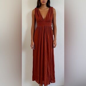 Ribbed Smocked-Waist Maxi Dress in Rust